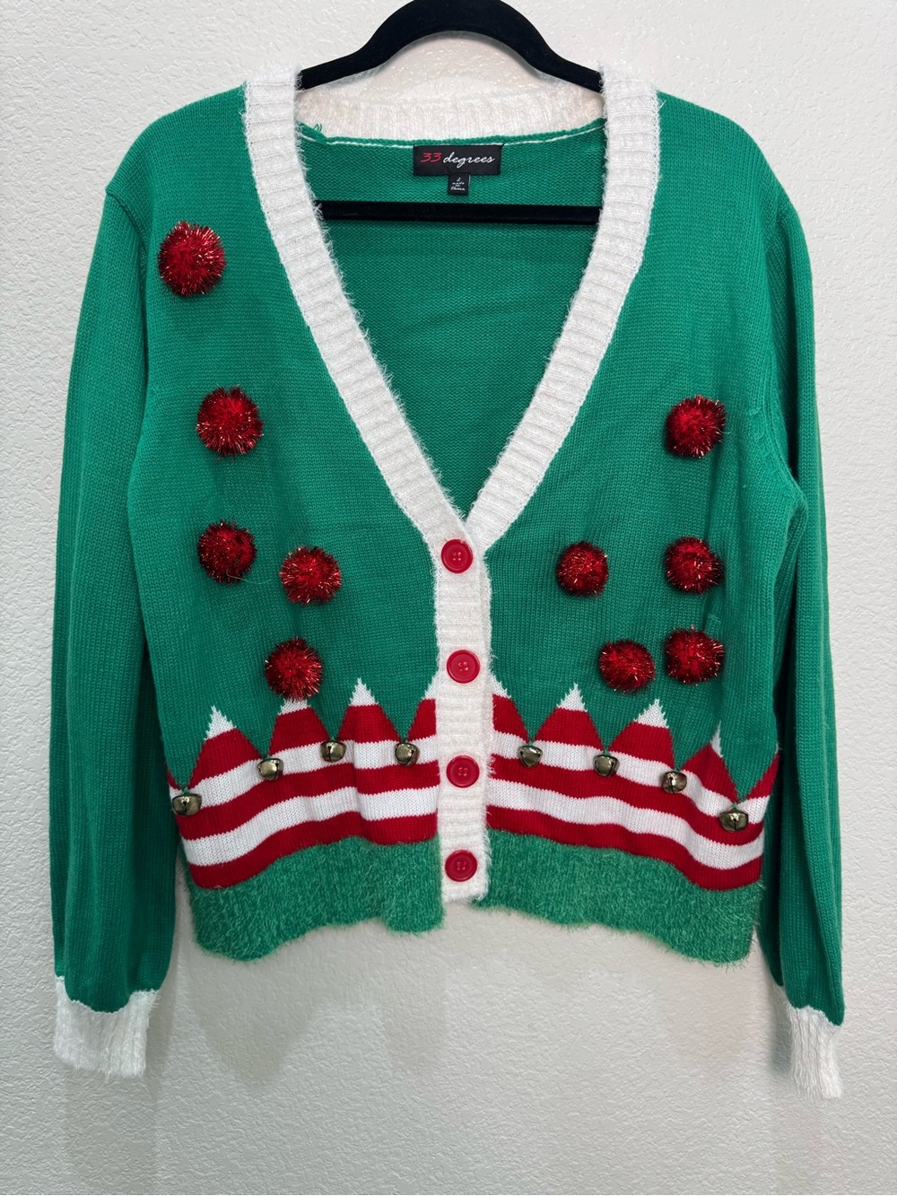 33 Degrees Women’s L Elf Ugly Christmas Cardigan Sweater Bells Pom Poms Green